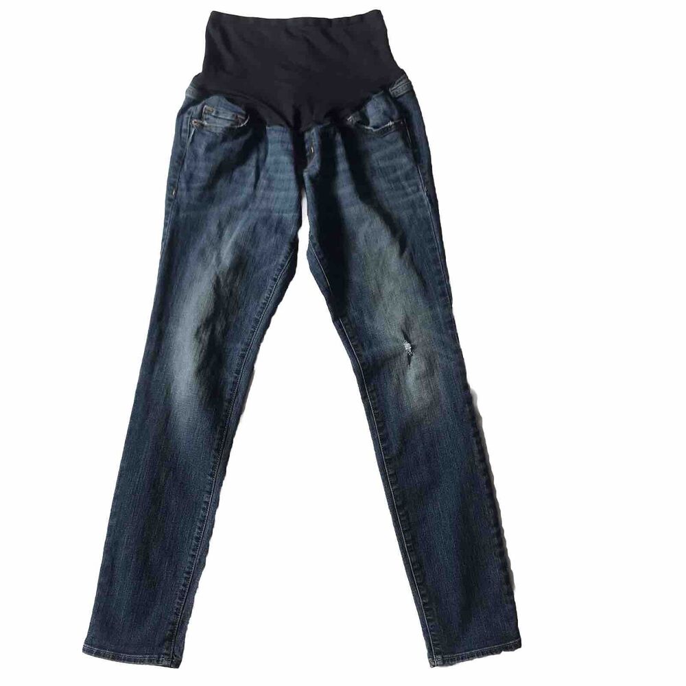 Old Navy Maternity Jeans Dark Wash Stretch Full Panel Skinny SZ 6 Distressed 30”